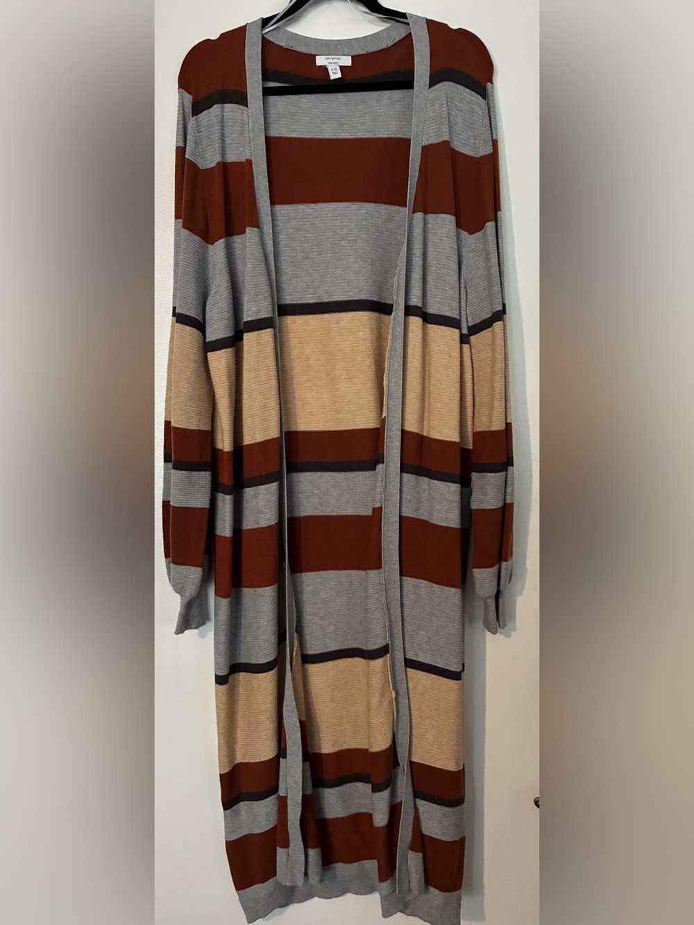Women’s Nine West long Open-Front Cardigan in Gray, Brown & Cream Stripes